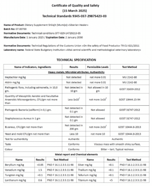 This Lab report show that Shilajit was tested and passed all requirements