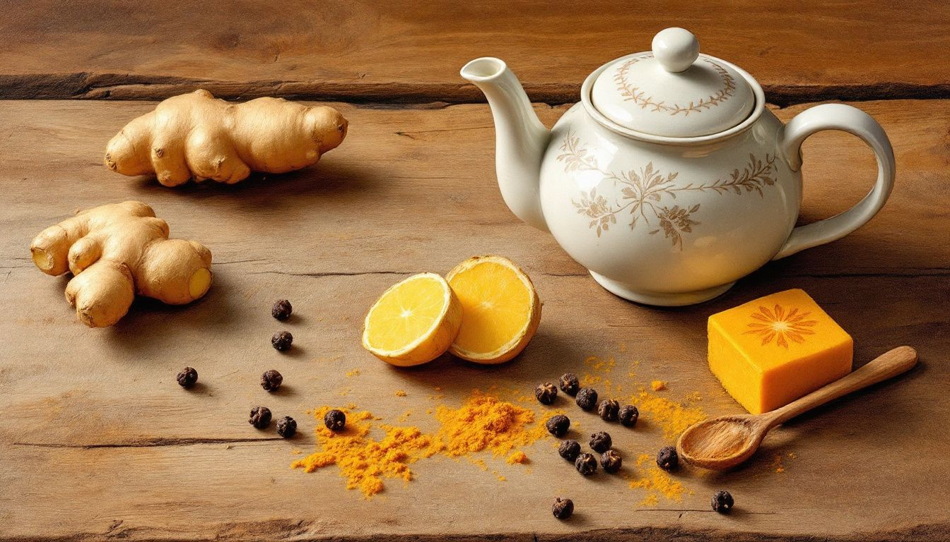 Ingrediënten voor gemberthee met kurkuma, waaronder verse gember, kurkuma en zwarte peper.