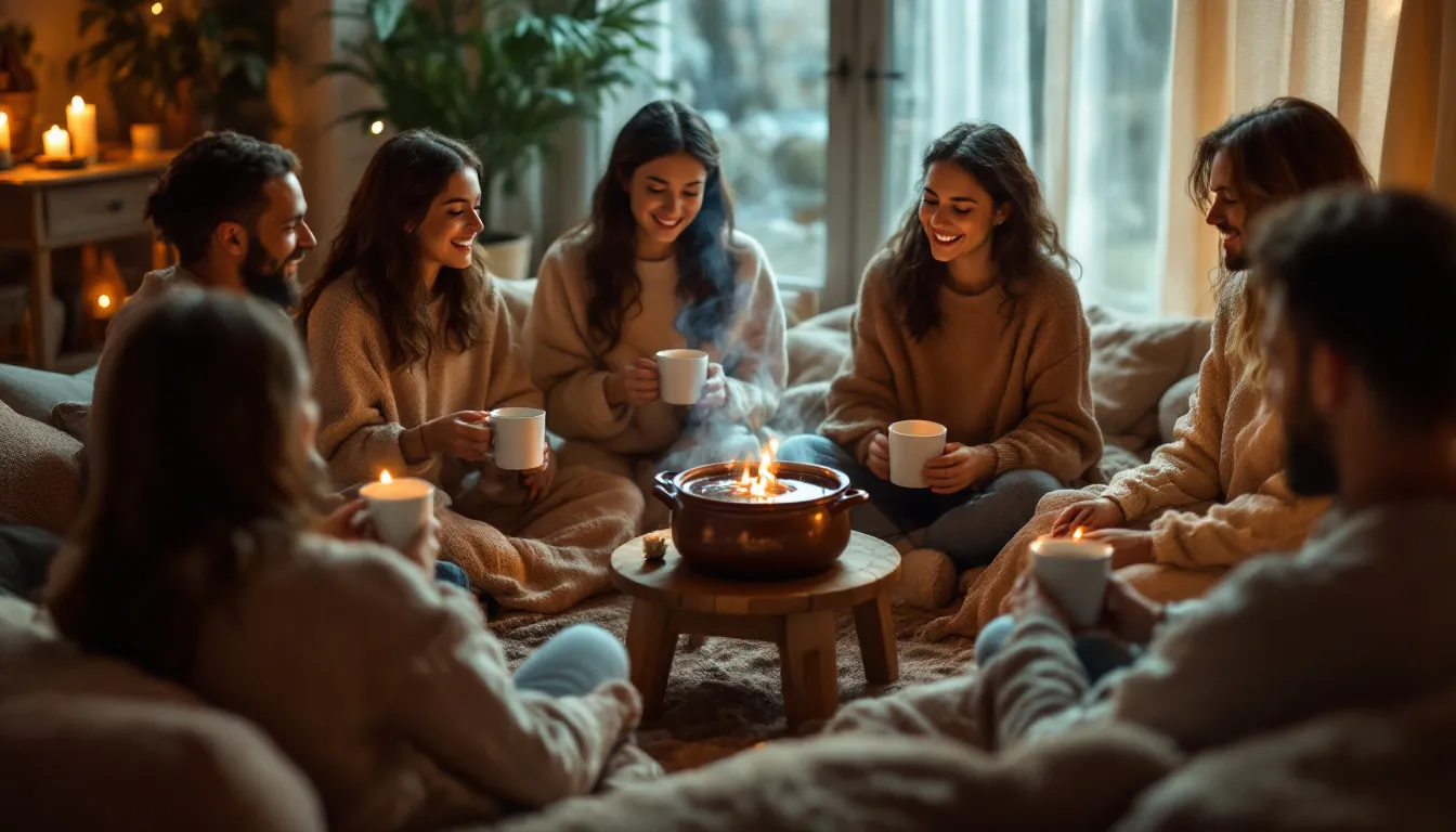 In a serene, ceremonial setting, a group of people is seated in a circle, enjoying warm cups of hot chocolate made from ceremonieel cacao, as they embark on a deep innerlijke reis together. The atmosphere is filled with love and connection, creating a beautiful experience of spiritual growth and healing.