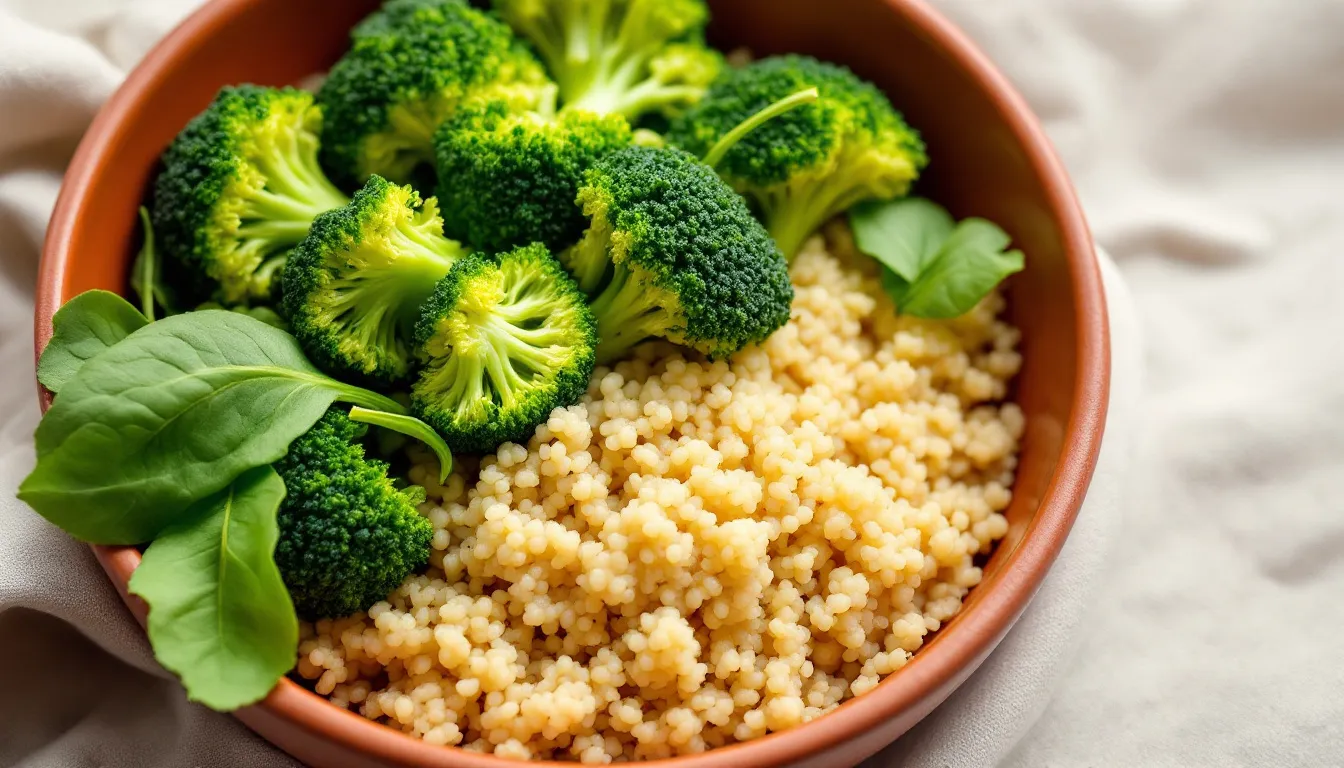 In the image, a bowl is filled with a colorful mix of quinoa, vibrant green broccoli, and fresh spinach, representing a healthy and balanced meal. This combination of ingredients supports a healthy lifestyle and provides essential nutrients for the body.