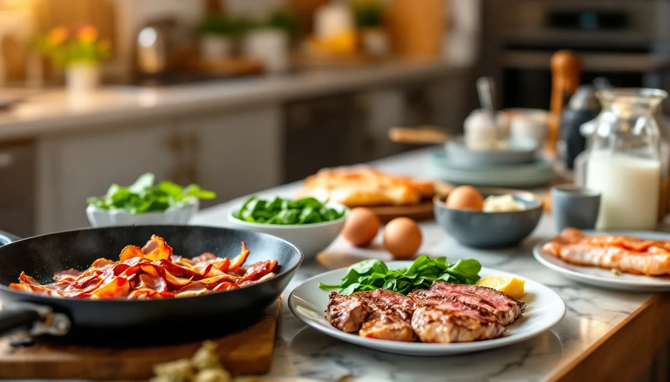 In the image, there is a colorful arrangement of fish, various cuts of meat, fresh eggs, and a pile of vibrant spinach leaves, showcasing a balanced meal rich in essential nutrients. This combination of foods provides a variety of B vitamins, including vitamin B12 and B6, supporting energieleverend metabolisme and een gezonde levensstijl.