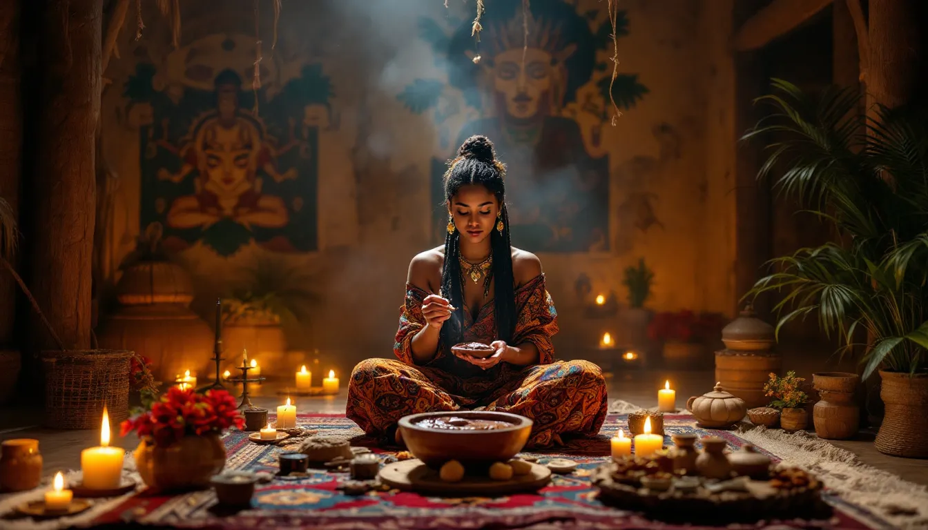Een cacao ceremonie in een ceremoniële setting, waar deelnemers samenkomen om rauwe cacao te drinken en een diepe innerlijke reis te maken. De sfeer is gevuld met liefde, kaarslicht en wierook, wat bijdraagt aan een spirituele ervaring van verbinding en heling.