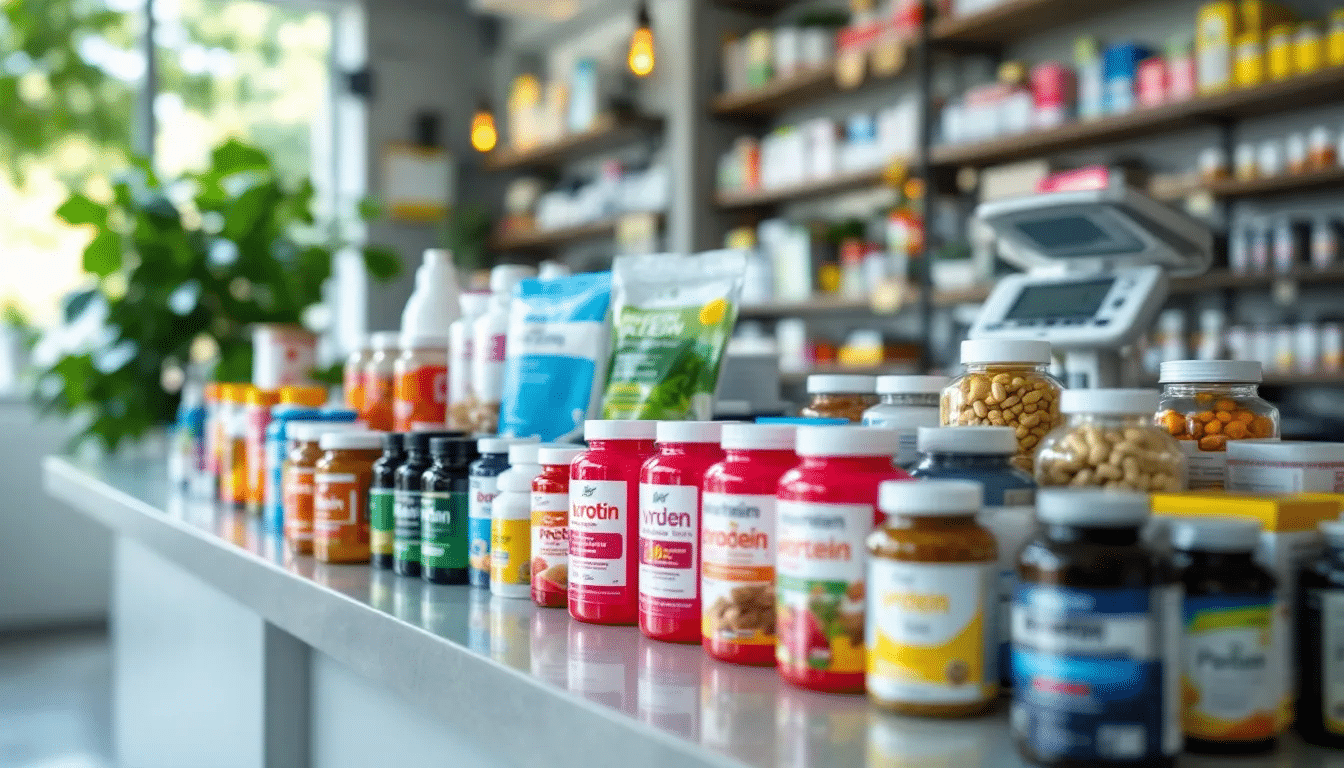 In the image, a variety of dietary supplements are displayed, including multivitamins and specific vitamins like vitamine C and vitamine D, which are known to ondersteunen the immuunsysteem. These products, alongside healthy voeding such as fruit and vegetables, contribute to a goede weerstand and overall gezondheid.