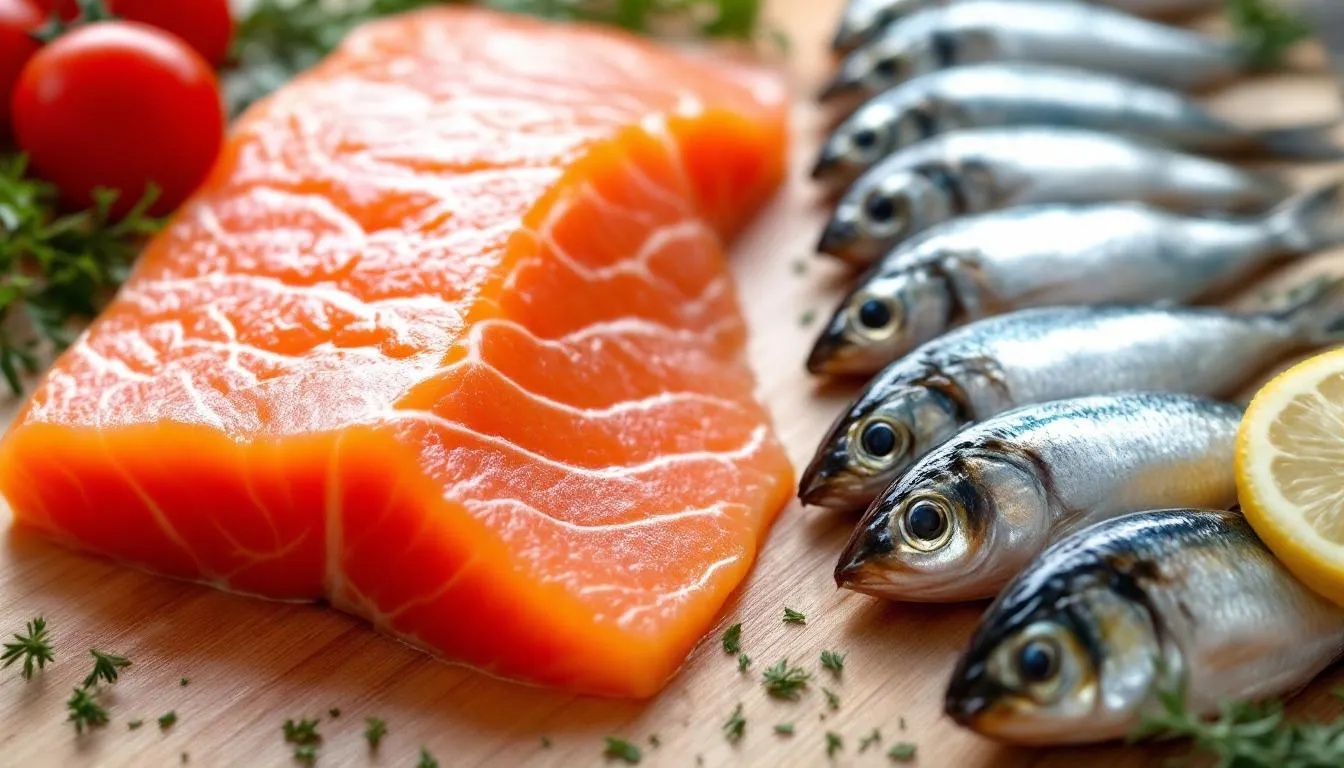 In the image, a plate features a delicious serving of grilled salmon alongside small sardines, showcasing their rich, healthy fats. This meal is a great source of middellange keten vetzuren, perfect for anyone following a ketogeen dieet.