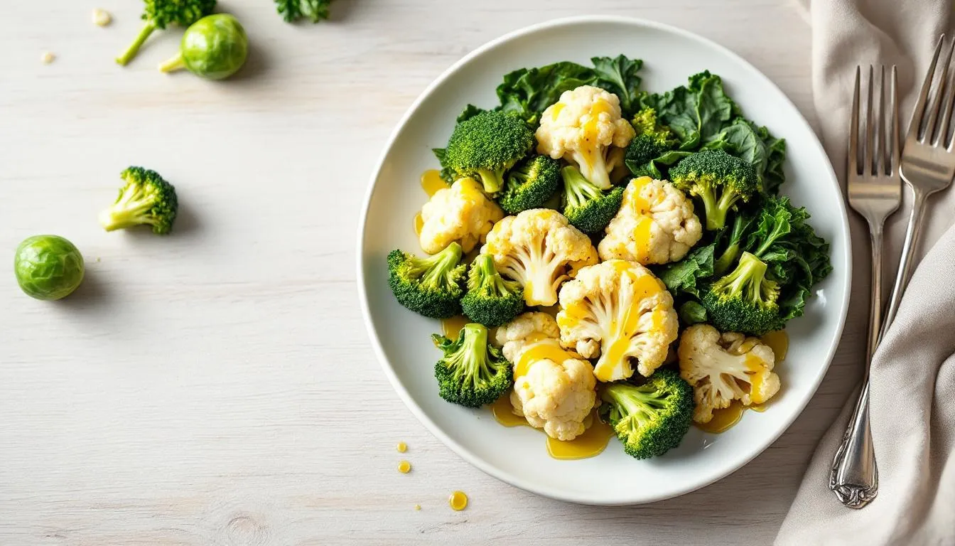 Een kleurrijke schotel met verschillende kruisbloemige groenten, waaronder broccoli, bloemkool, spruitjes en witte kool, die samen een gezonde en voedzame maaltijd vormen. Deze groenten zijn rijk aan bioactieve stoffen en bieden een beschermend effect tegen schadelijke stoffen en ziekten.