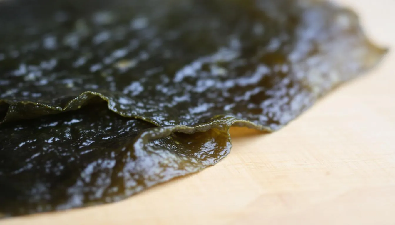 . The image features a piece of kombu, a type of edible seaweed commonly used in Japanese cuisine, often seen in its dried form. Kombu is known for its umami flavor and is a key ingredient in making dashi bouillon, adding a refined taste to various dishes. .