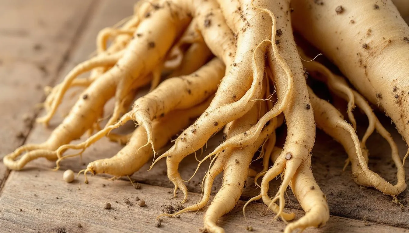 Afbeelding van echte Koreaanse ginsengwortels, met een focus op de gedroogde, knolachtige structuur die typisch is voor Panax ginseng. Deze wortels zijn vaak gebruikt in traditionele Chinese geneeskunde en worden gepresenteerd als een voedingssupplement voor extra ondersteuning van het immuunsysteem en verbeterde concentratie.