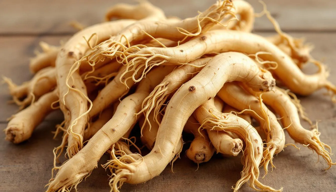  afbeelding van Koreaanse ginseng, met zijn karakteristieke gedroogde wortels die een rijke, bruine kleur hebben en een knoestige textuur vertonen. Deze plant, ook wel panax ginseng genoemd, wordt vaak gebruikt in traditionele Chinese geneeskunde en als voedingssupplement voor een gezonde levensstijl en extra ondersteuning van het immuunsysteem.