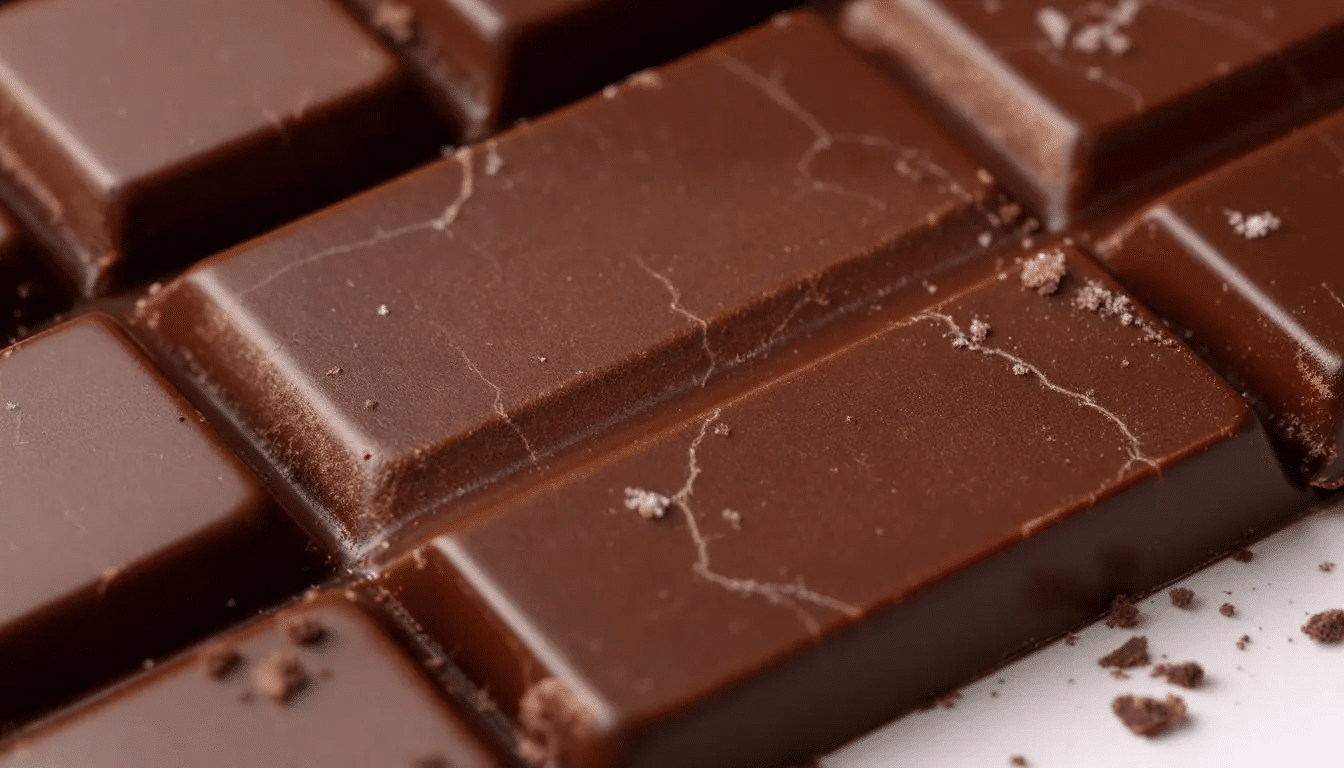 . The image features a rich, dark chocolate bar with a glossy surface, highlighting its deep brown color and smooth texture. Dark chocolate is known for its potential health benefits, including its contribution to mental resilience and as a source of magnesium, which plays a vital role in maintaining strong muscles and a balanced mind. .
