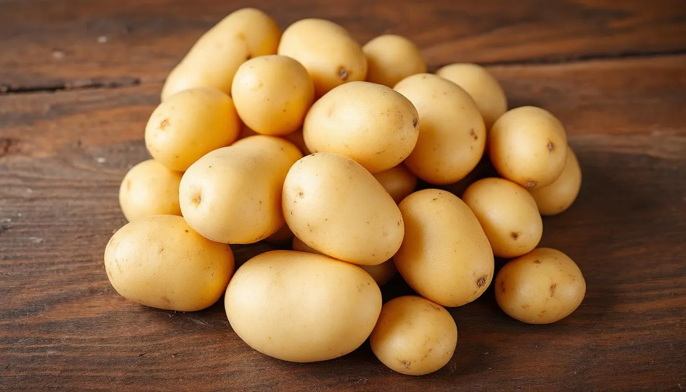 De afbeelding toont een verscheidenheid aan aardappelen, met een focus op hun hoge kaliumgehalte. Aardappelen zijn een belangrijke bron van kalium, wat essentieel is voor het lichaam en helpt bij het reguleren van de bloeddruk en zenuwprikkels.