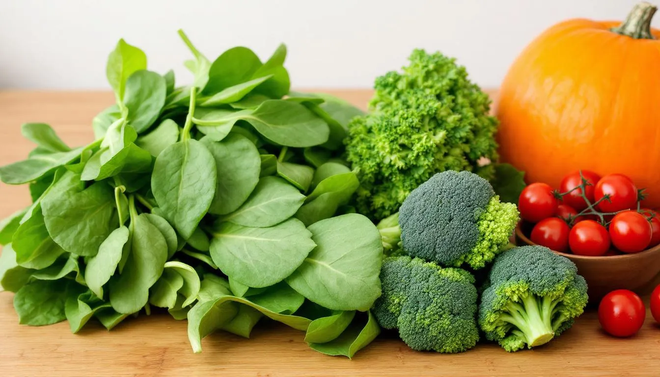In a cozy kitchen, a vibrant assortment of fresh vegetables including spinach, broccoli, tomatoes, and pumpkin are displayed on a countertop, highlighting their rich colors and textures. These nutritious ingredients are known for their high kaliumgehalte, making them a great choice for a healthy meal.