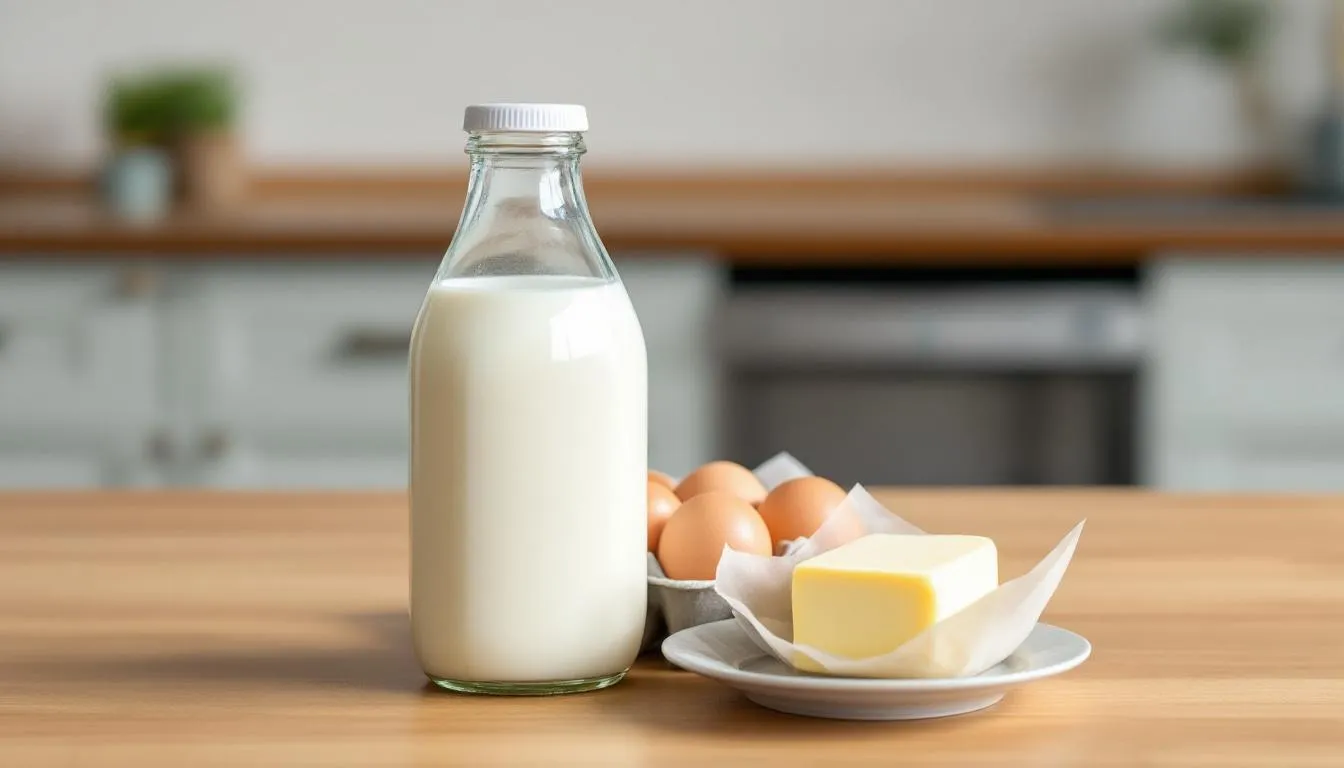Op de keukentafel liggen melk, eieren en boter, die allemaal belangrijke dierlijke producten zijn. Deze voedingsmiddelen bevatten vitamine A, wat essentieel is voor een gezonde huid en een goed functioneren van het lichaam.