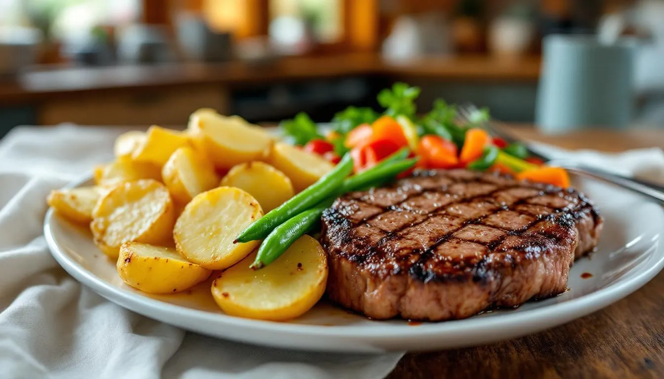 Een bord met aardappelen, verschillende groenten en stukjes vlees is te zien, wat een gevarieerde voeding suggereert. Deze maaltijd kan bijdragen aan een goede gezondheid, wat belangrijk is voor het voorkomen van deficiënties zoals die van vitamine B1, vooral bij mensen met problematisch alcoholgebruik.