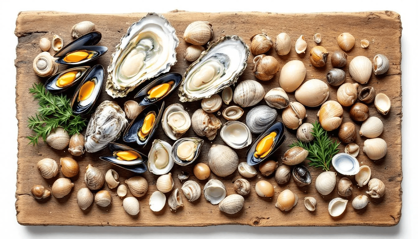 Op de tafel liggen verschillende schaal- en schelpdieren, zoals mosselen en garnalen, die rijk zijn aan zink, een mineraal dat belangrijk is voor een goede weerstand en een gezonde huid. Deze zeevruchten zijn een uitstekende bron van zink en kunnen bijdragen aan de aanmaak van cellen en weefsels in het menselijk lichaam.