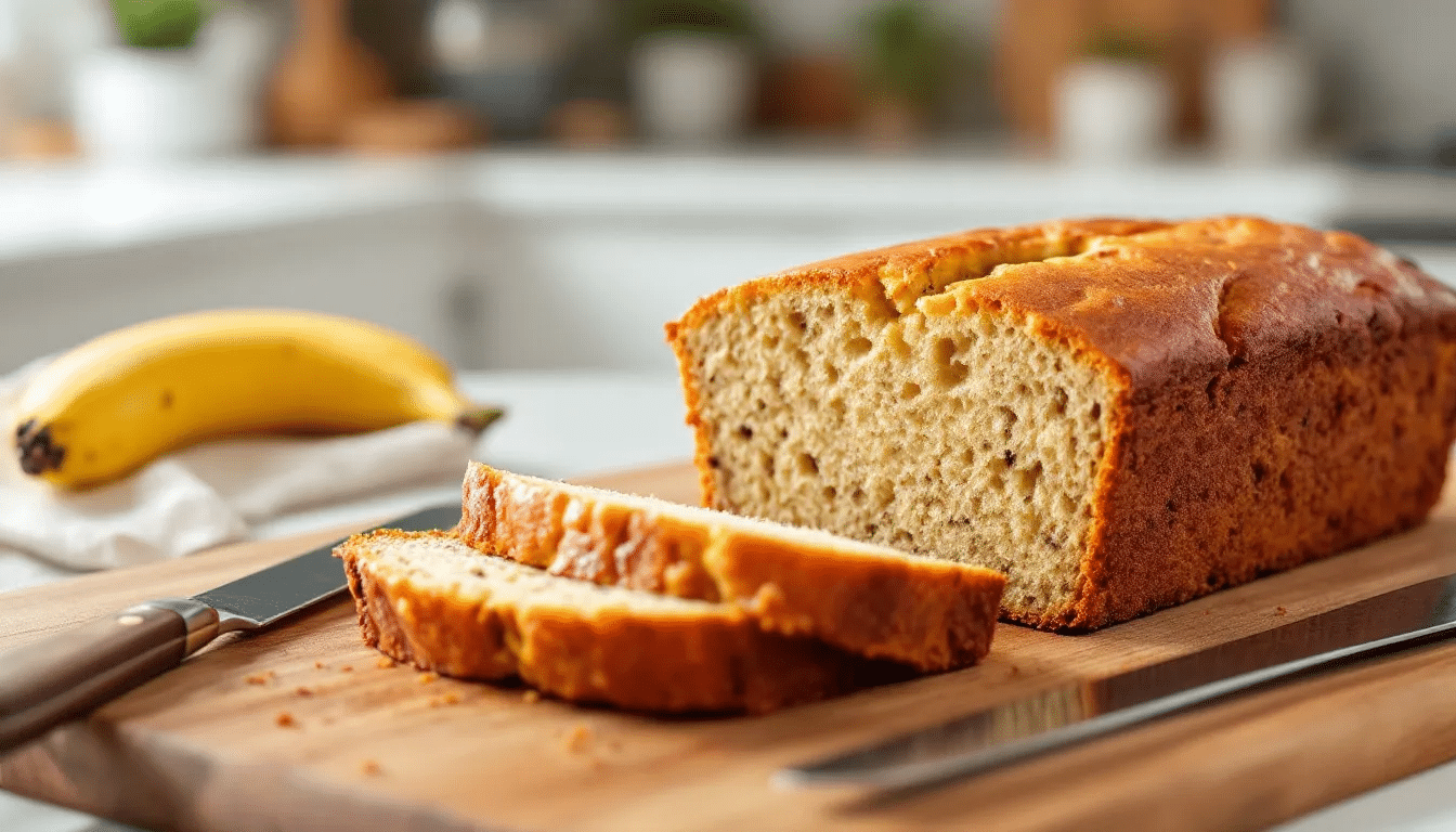 Een foto van versgebakken bananenbrood, goudbruin en smeuïg, met stukjes noot en een glanzende bovenkant. Het bananenbrood is gemaakt van rijpe bananen en heeft een heerlijke geur van vanille extract, perfect als gezond tussendoortje.