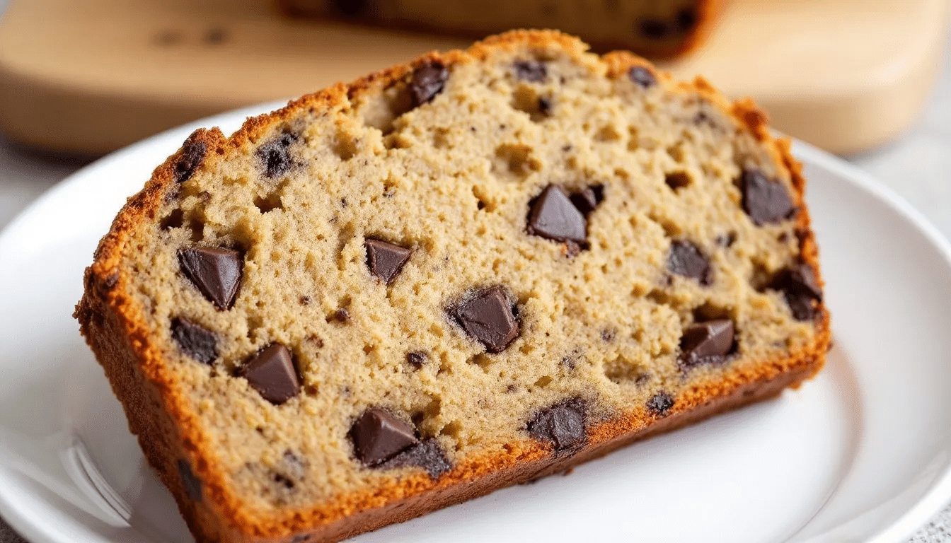 Een vers gebakken bananenbrood met stukjes pure chocolade, gemaakt van rijpe bananen en een snufje zout, ligt op een houten snijplank. Het bananenbrood is goudbruin en heeft een smeuïge textuur, perfect als gezond tussendoortje.