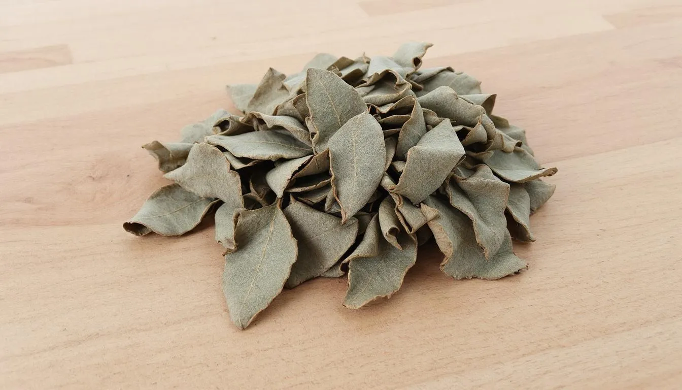 Een afbeelding van gedroogde laurierbladeren, die een intens groene kleur hebben en een licht gekrulde vorm. Deze bladeren worden vaak gebruikt als smaakmaker in verschillende gerechten zoals soepen, stoofpotten en marinades, en zijn bekend om hun aromatische geur en smaak.