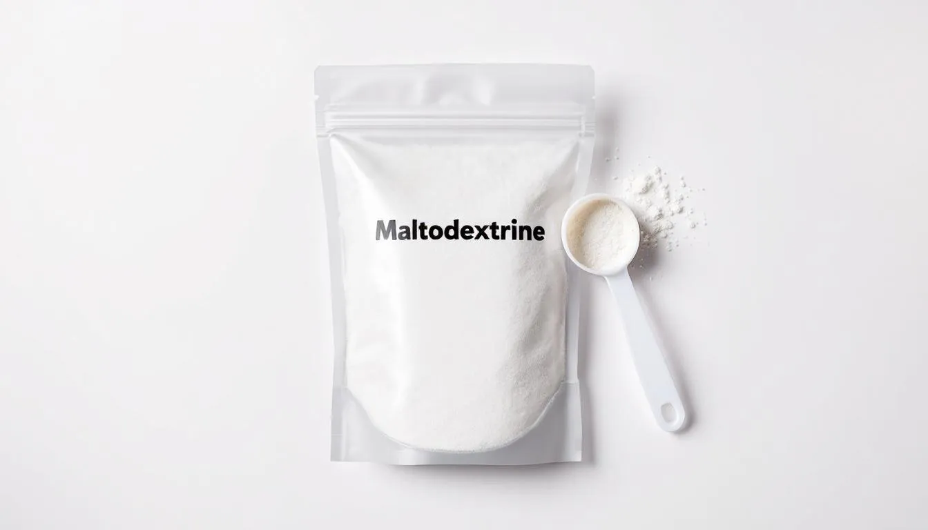 De afbeelding toont een verpakking van pure maltodextrine, een wit poeder dat rijk is aan complexe koolhydraten, naast een plastic maatlepel. Dit hoogwaardige koolhydraat wordt vaak gebruikt in voedingssupplementen voor sporters vanwege de snelle opname en neutrale smaak.
